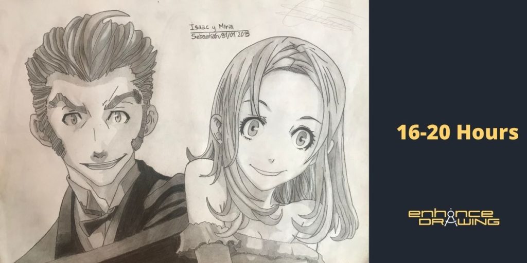 Drawing of two anime characters that took around 18 hours to draw