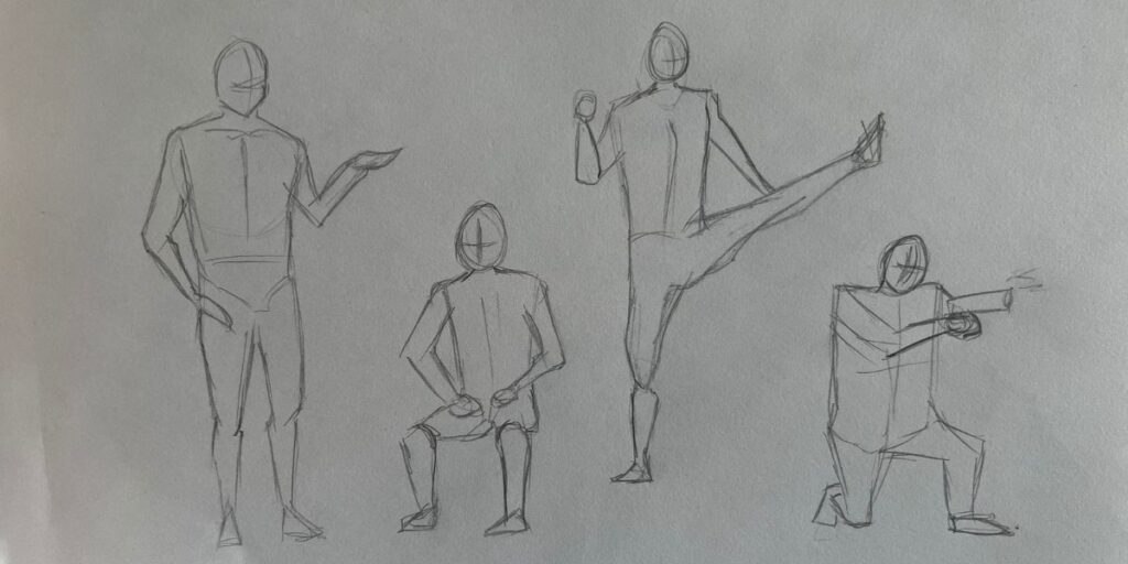 Drawing of vertical, stiff poses